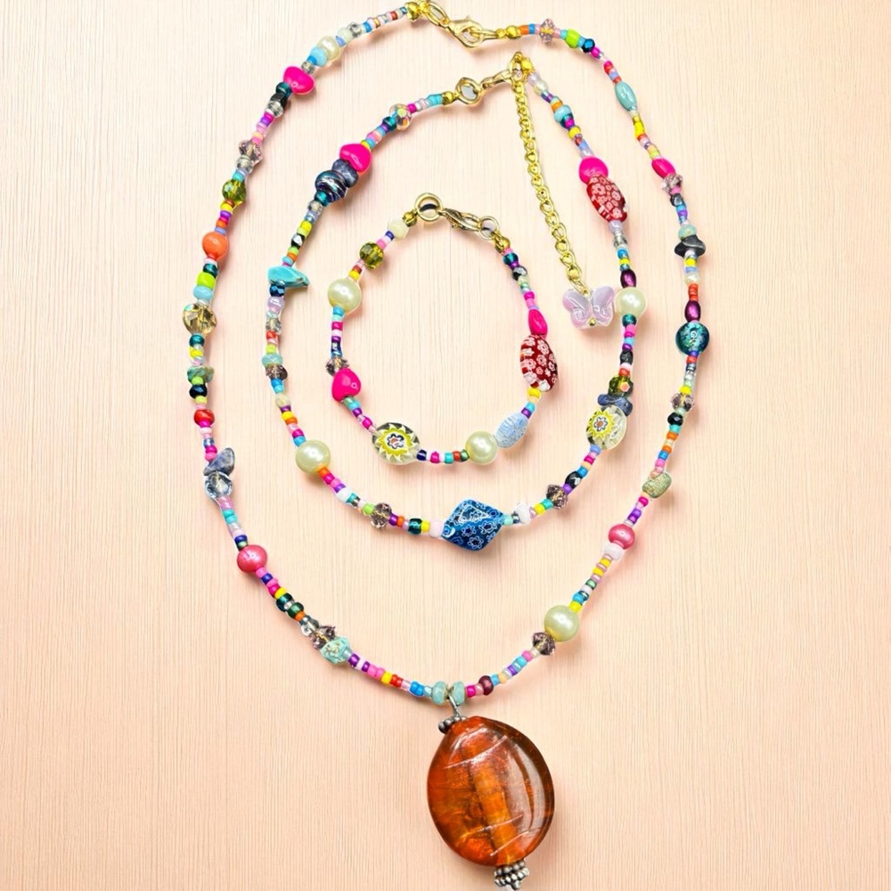 Handmade Colorful Beaded Jewelry Set Necklace & Bracelet with Glass Pendant